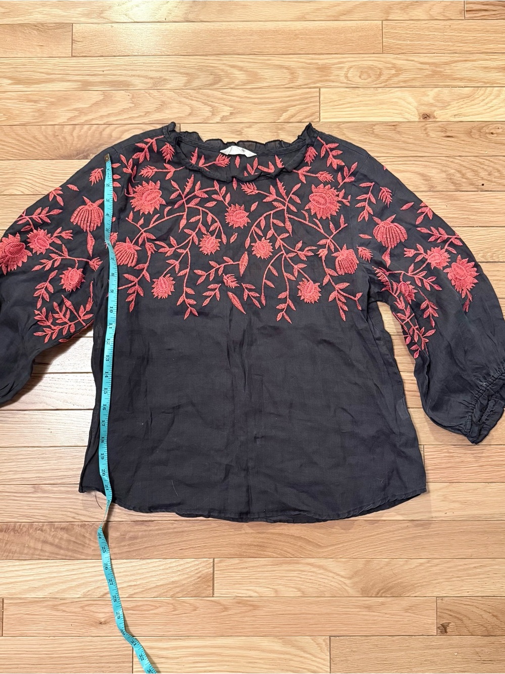 Embroidered Black Blouse with Coral Red Floral Detail Small